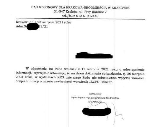 Odpowiedź z Sądu Rejonowego dla Krakowa-Śródmieścia na pytanie o złożenie przez ECPU wniosku o wpis do KRS