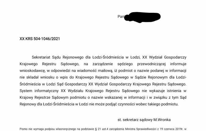 Odpowiedź z Sekretariatu Sądu Rejonowego dla Łodzi-Śródmieścia na pytanie o złożenie przez ECPU wniosku o wpis do KRS