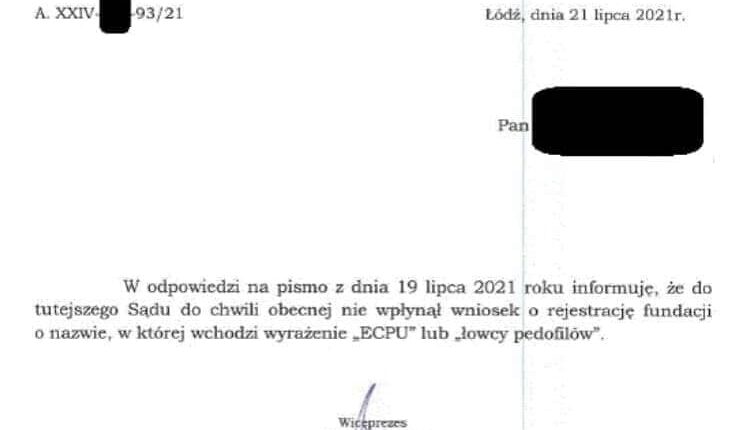 Odpowiedź Wiceprezesa Sądu Rejonowego dla Łodzi-Śródmieścia na pytanie o złożenie przez ECPU wniosku o wpis do KRS